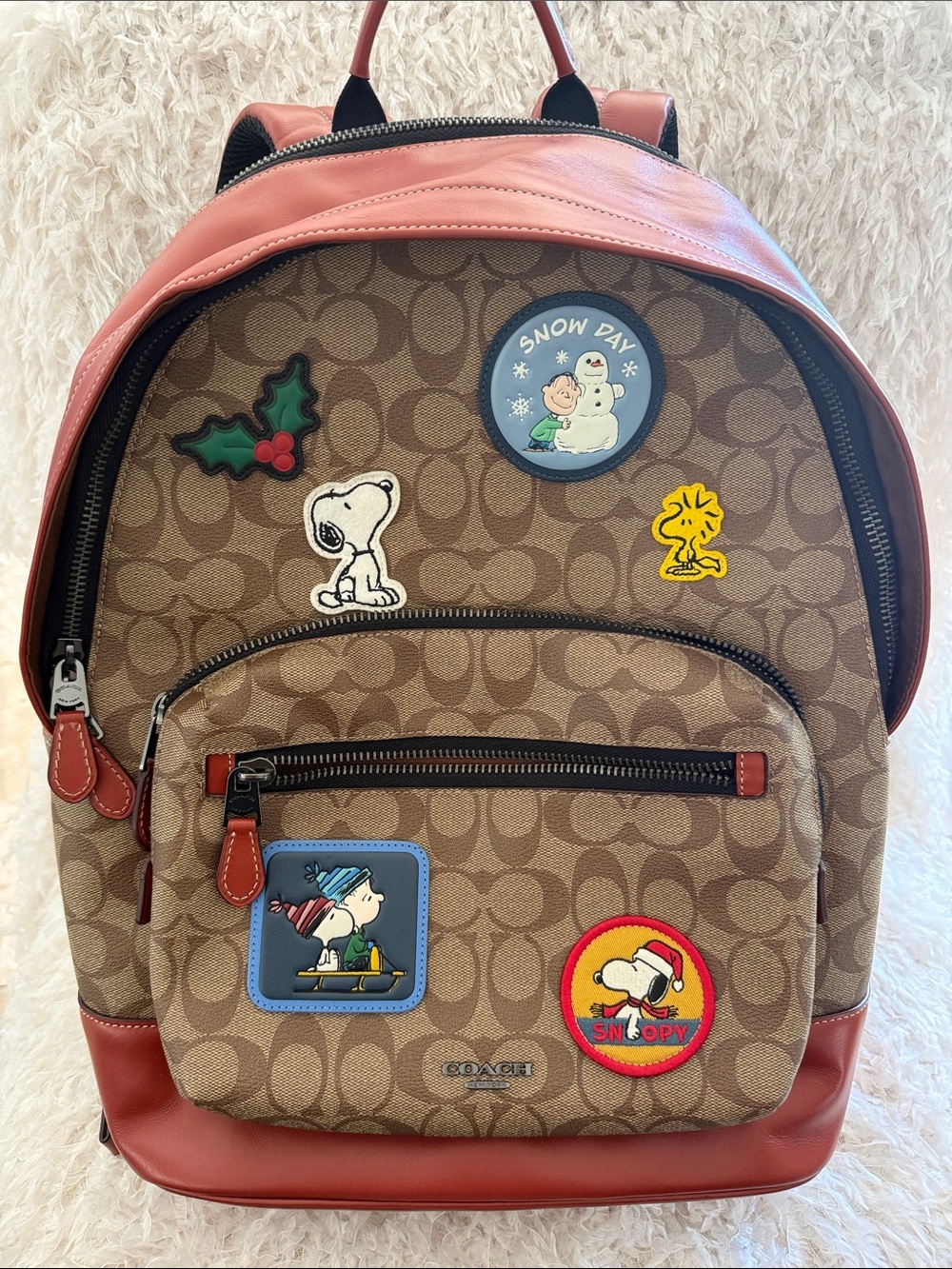 Coach Brown Signature Backpack SNOOPY CHRISTMAS 🎄 Multicolor Peanuts Patches